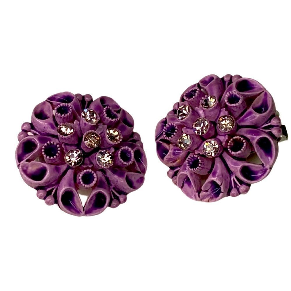 Earrings – Vintage 1950s Purple Celluloid Rhinestone Featherweight Clip-Ons